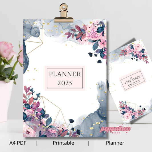 2025 Blue Watercolor and Pink Floral Printable A4 Journal Planner Sheets - PeppaTree Designs