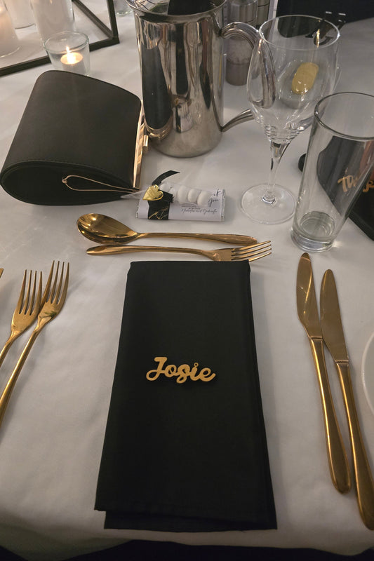 gold and black table setting with gold name on serviette - wedding name plaques PeppaTree Designs