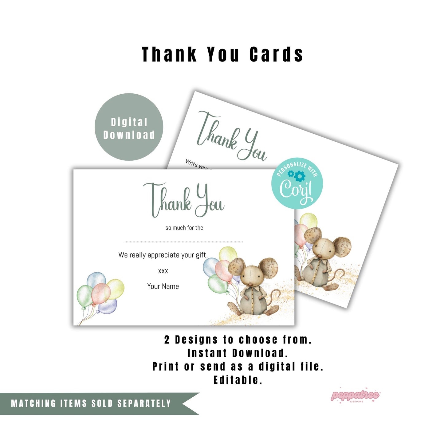 Mouse Watercolour Animal Baby Shower Thank You Card - PeppaTree Designs