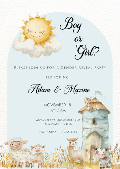 Boho Farm Animal Gender Reveal Invitation