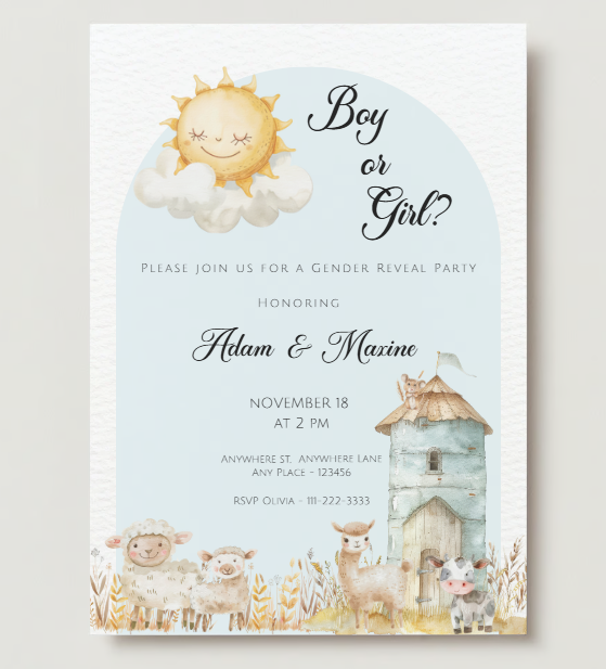 Boho Farm Animal Gender Reveal Invitation