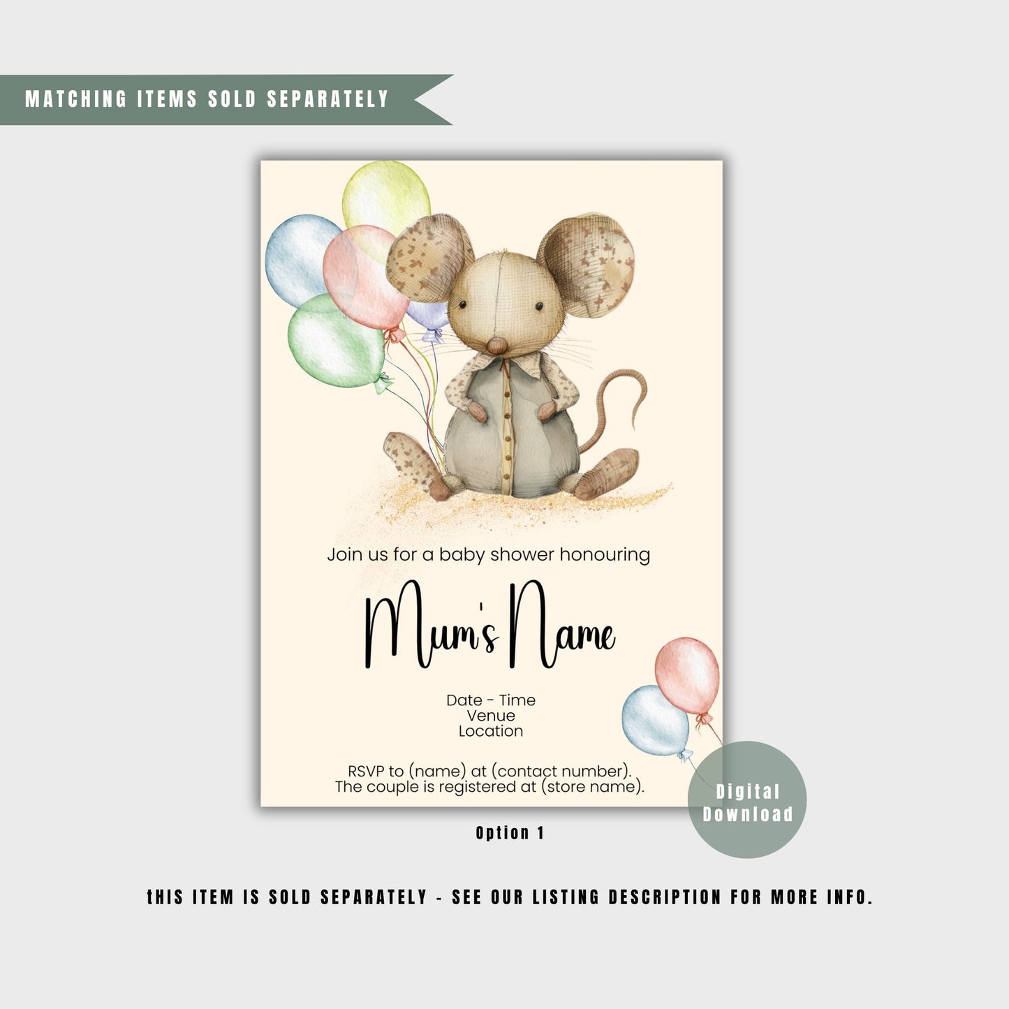 Mouse Watercolour Animal Baby Shower Thank You Card - PeppaTree Designs