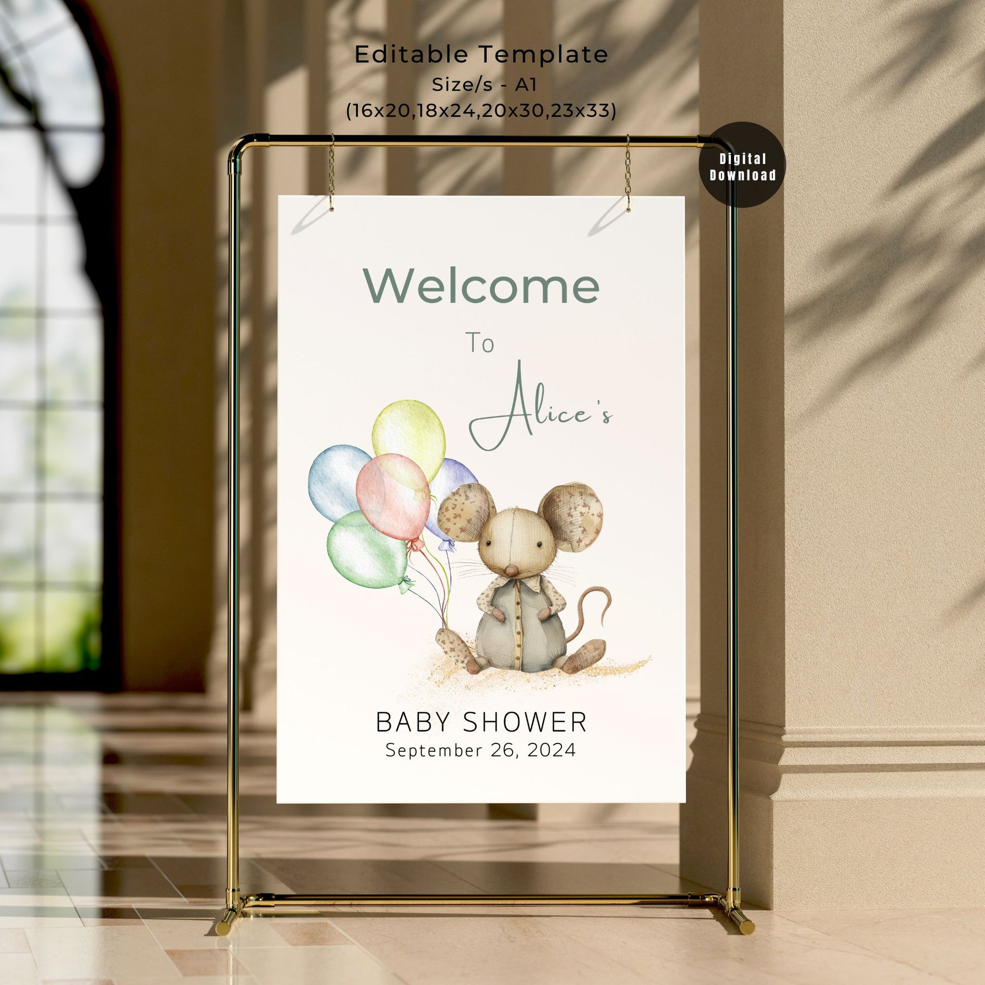 Mouse Watercolour Animal Baby Shower Welcome Sign - PeppaTree Designs