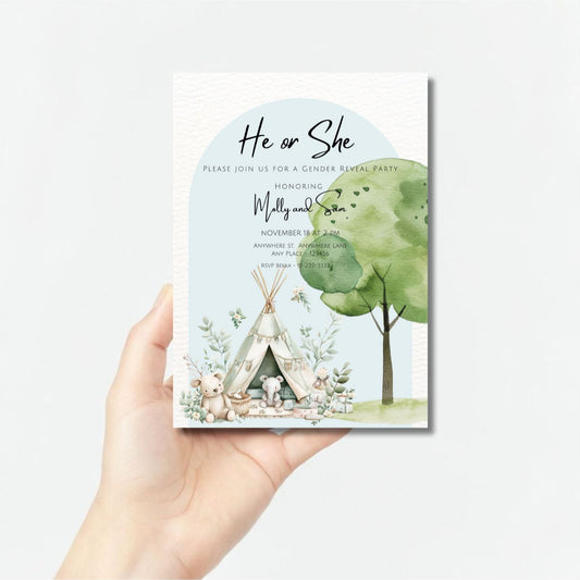 boho gender reveal invitation with teepee trees and watercolour animals