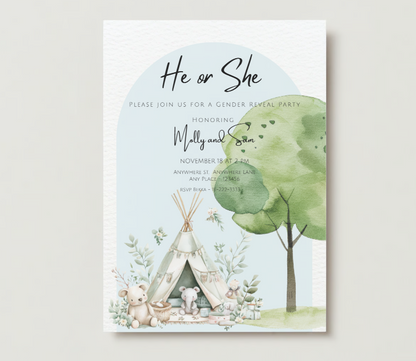 Boho Gender Reveal Invitation - Teepee