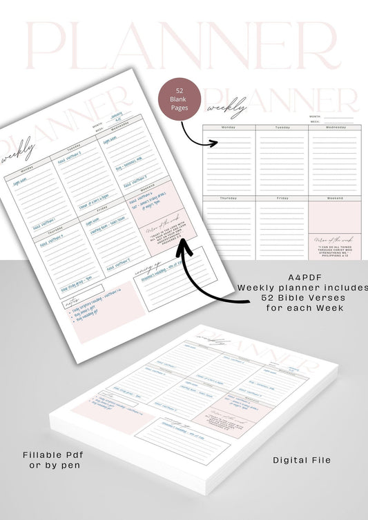 Printable 52-week Planner with Bible Verses | Faith Religion Planner | Christian Planner | 52 Sheets - PeppaTree Designs