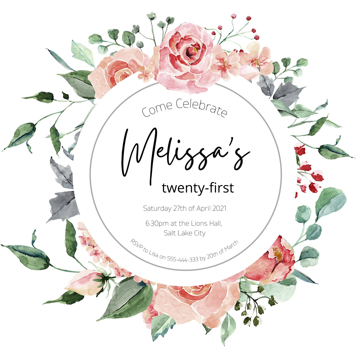 Pink Rose and Creme Floral 21st Birthday Invitation Template