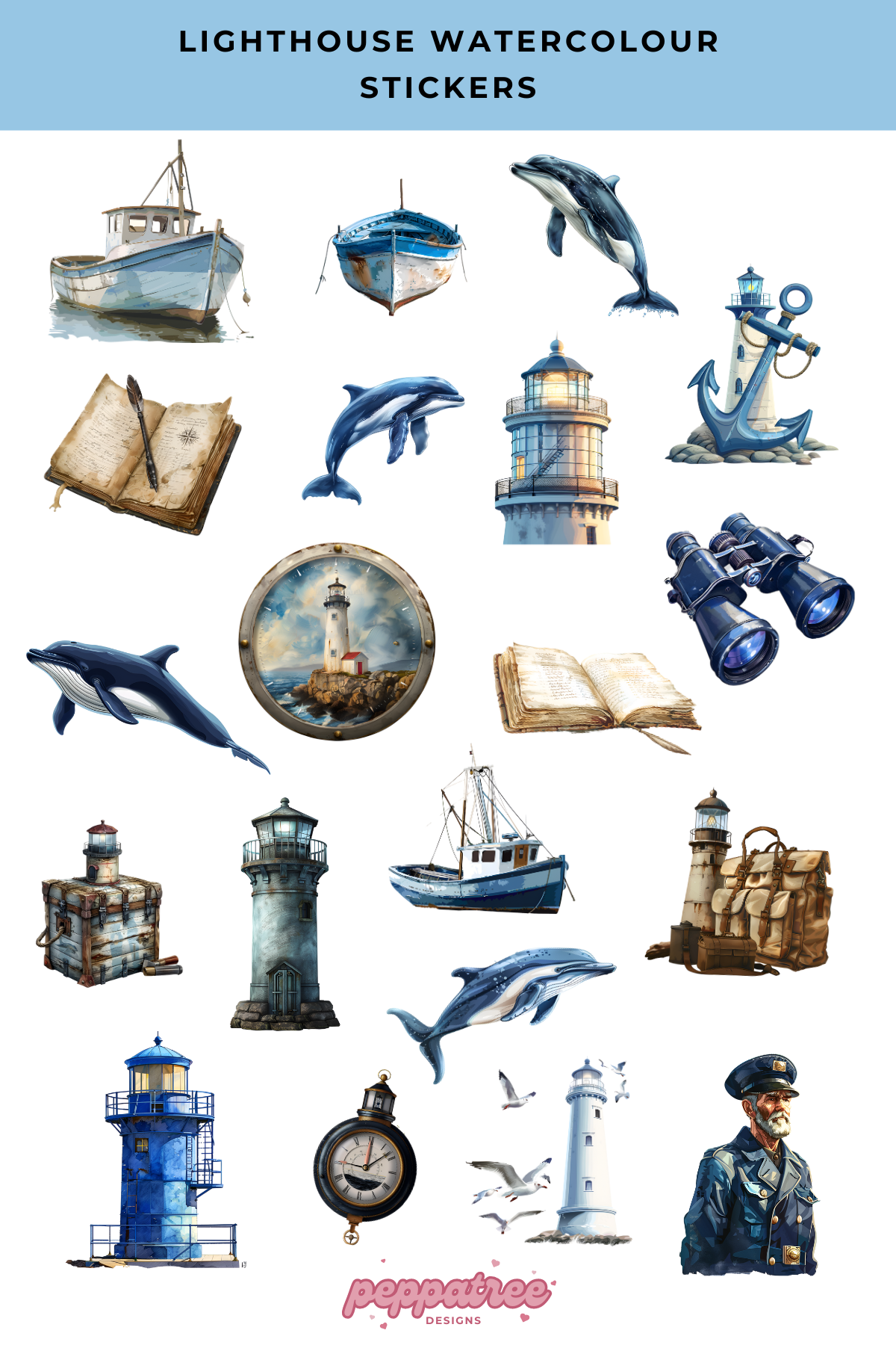 Watercolour Lighthouse Planner Stickers | Nautical Stickers | Coastal Lighthouse | S-001 - PeppaTree Designs